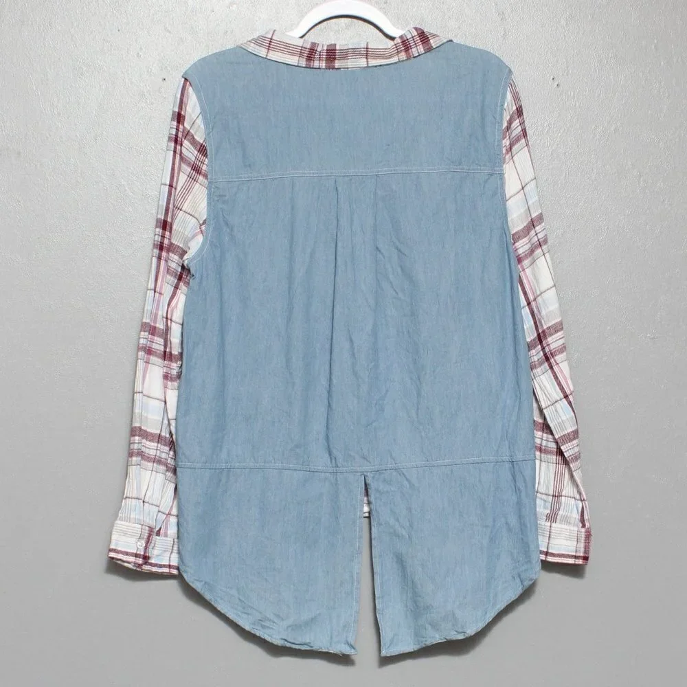 Derek Heart cotton red white plaid chambray denim back button up hi low shirt - Picture 2 of 5
